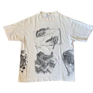 Vintage 90s MC Escher All Over Print Art Graphic Andazia T Shirt Mens L Boxy